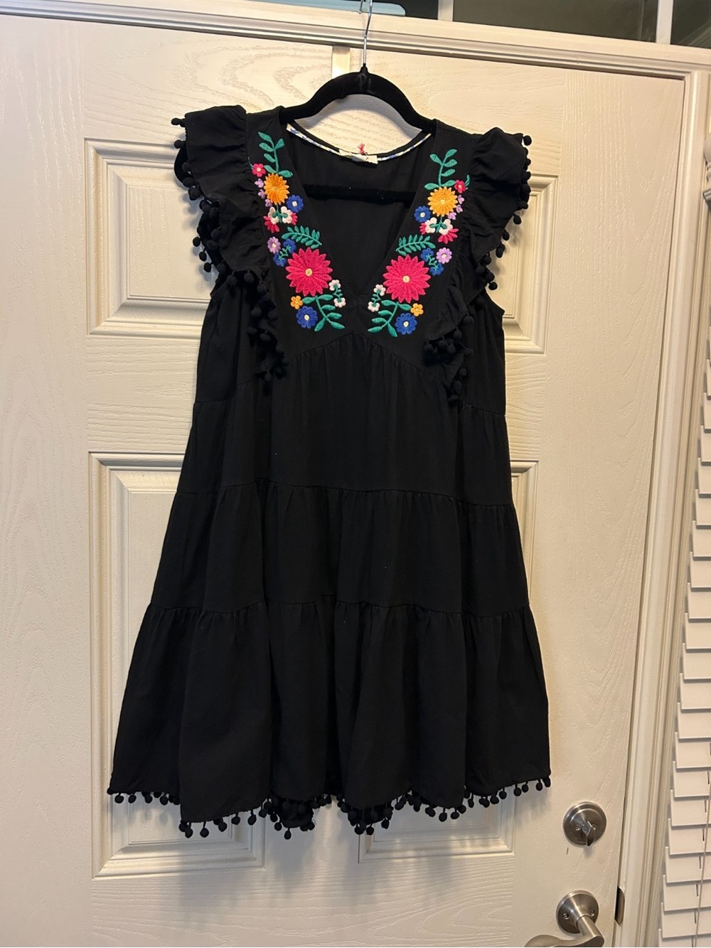 Umgee Black V-Neck Embroidery Short Tiered Dress w/ Flutter Sleeves Pom Poms